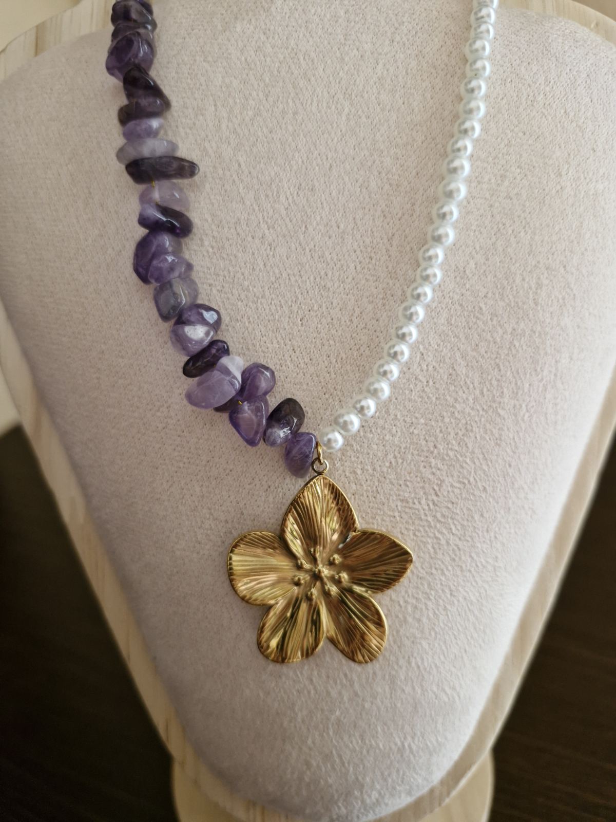 Ατσάλινο Vintage κολιέ Αμέθυστο - Πέρλα