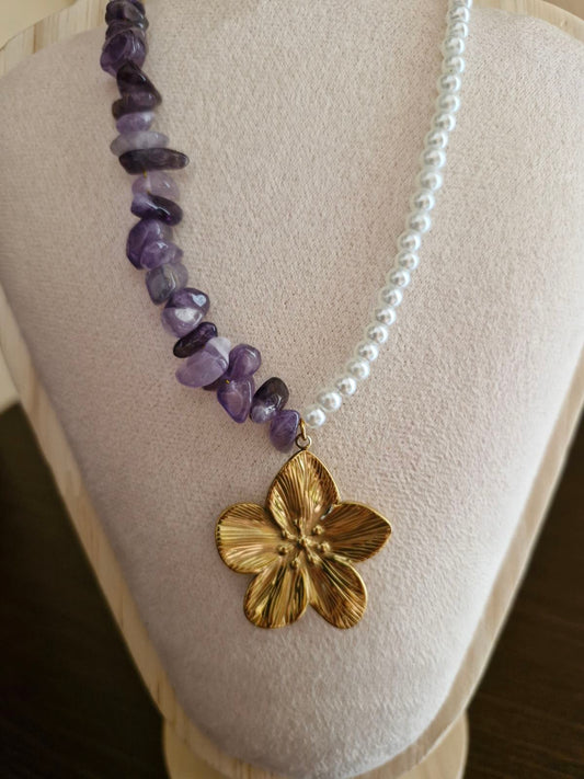 Ατσάλινο Vintage κολιέ Αμέθυστο - Πέρλα