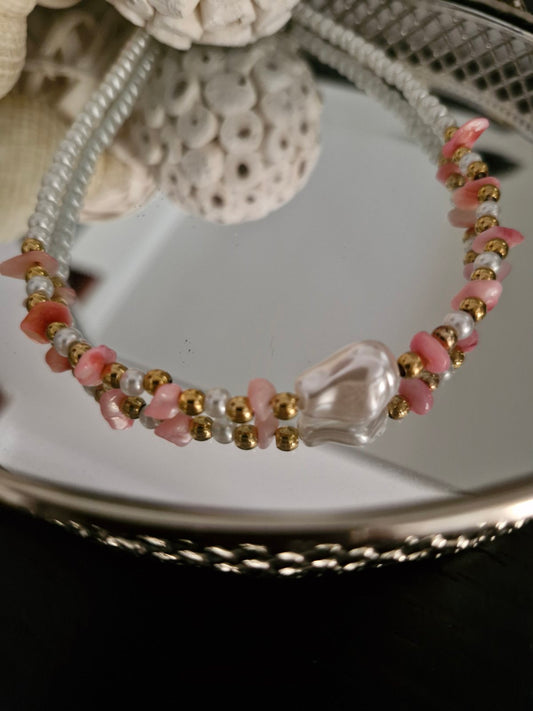 Ατσάλινο κολιέ πέρλα-ροζ τσιπς