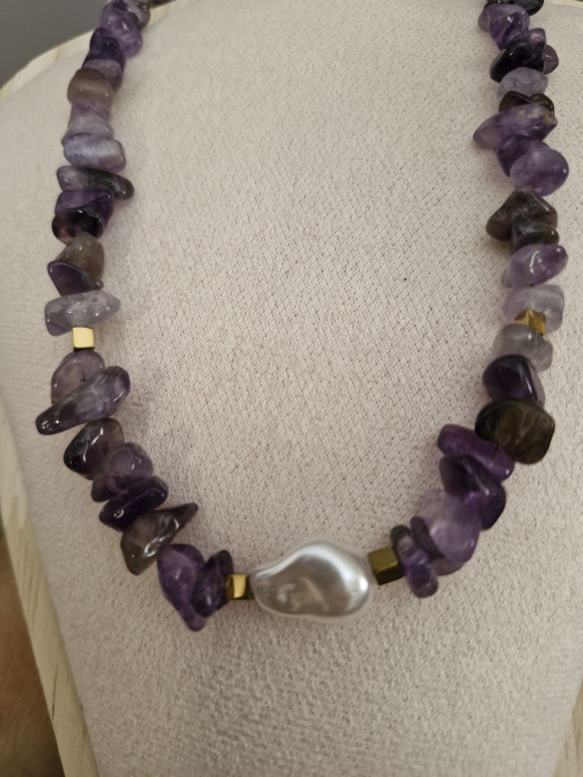 Ατσάλινο κολιέ Αιματίτης&Αμέθυστος