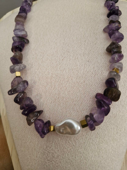 Ατσάλινο κολιέ Αιματίτης&Αμέθυστος